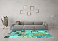 Machine Washable Patchwork Turquoise Transitional Rug, wshcon1388turq