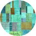 Round Machine Washable Patchwork Turquoise Transitional Area Rugs, wshcon1388turq