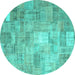 Round Machine Washable Patchwork Turquoise Transitional Area Rugs, wshcon1391turq