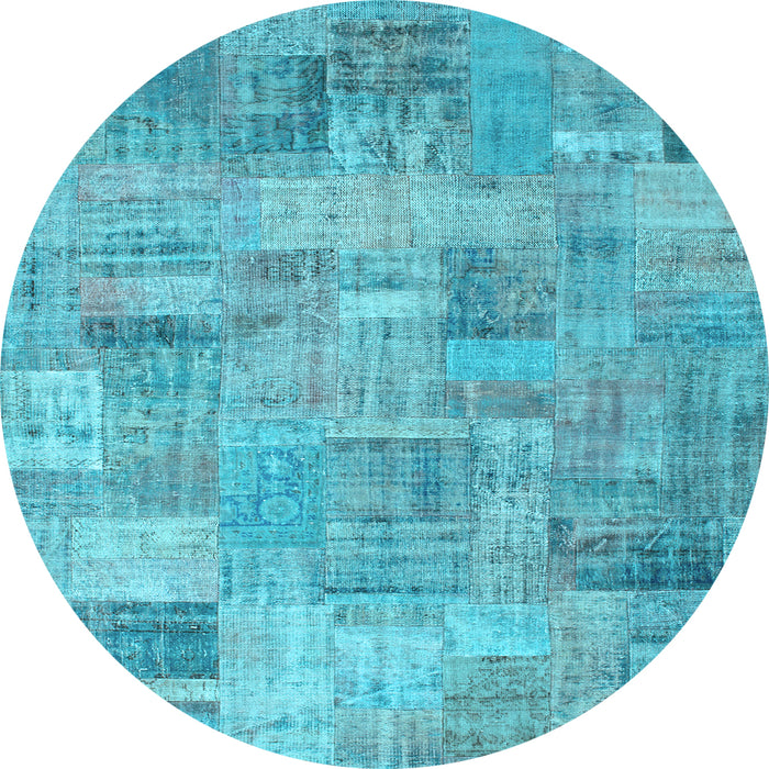 Round Machine Washable Patchwork Light Blue Transitional Rug, wshcon1392lblu