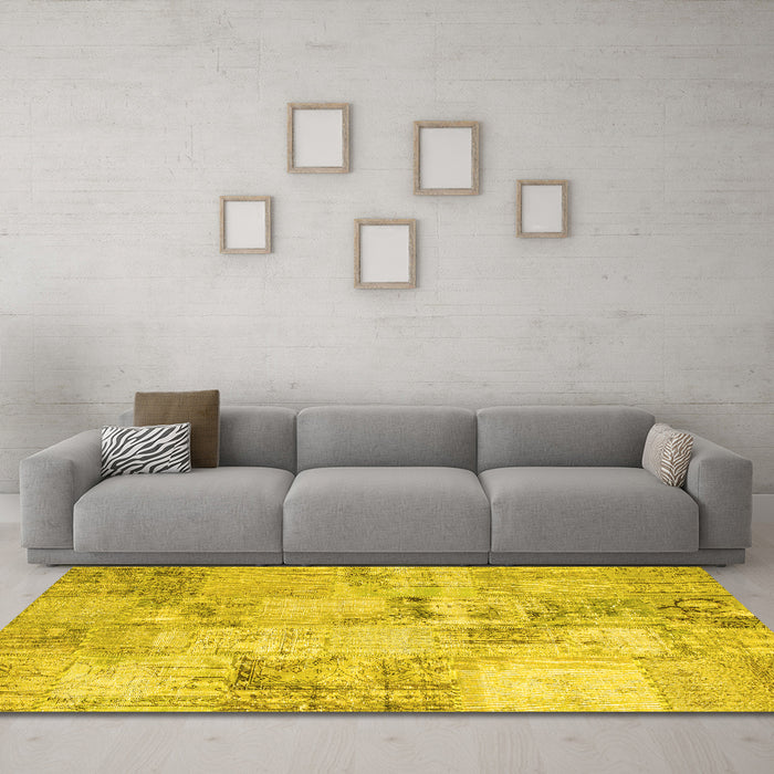 Machine Washable Patchwork Yellow Transitional Rug in a Living Room, wshcon1393yw