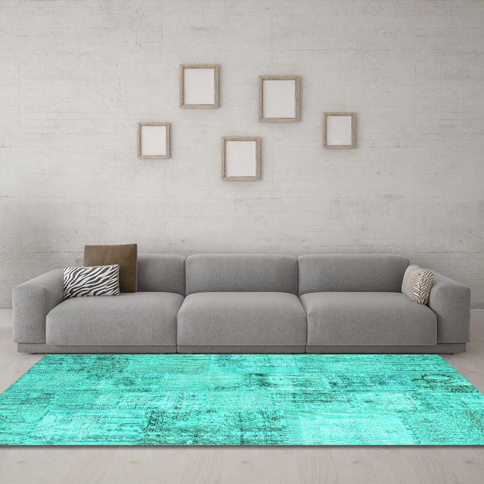 Machine Washable Patchwork Turquoise Transitional Area Rugs in a Living Room,, wshcon1393turq