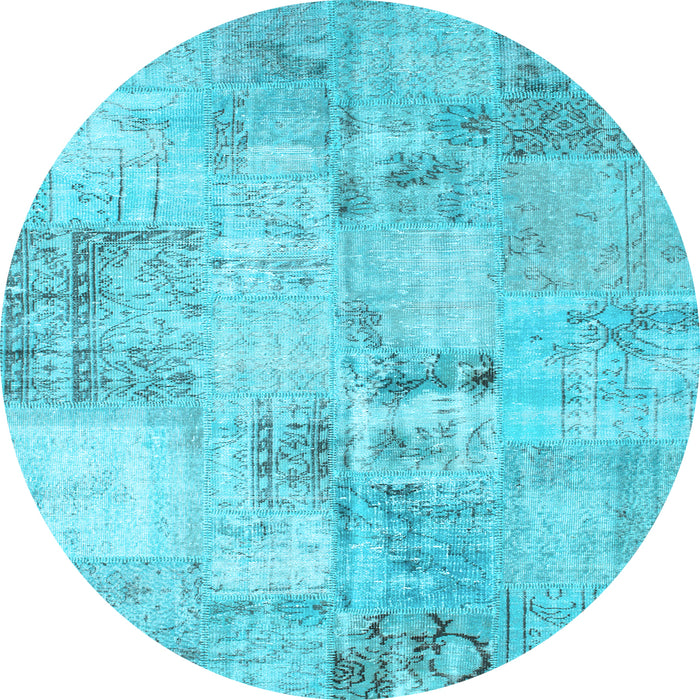 Round Machine Washable Patchwork Light Blue Transitional Rug, wshcon1393lblu