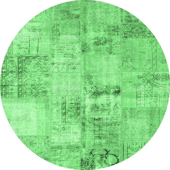 Round Machine Washable Patchwork Emerald Green Transitional Area Rugs, wshcon1393emgrn