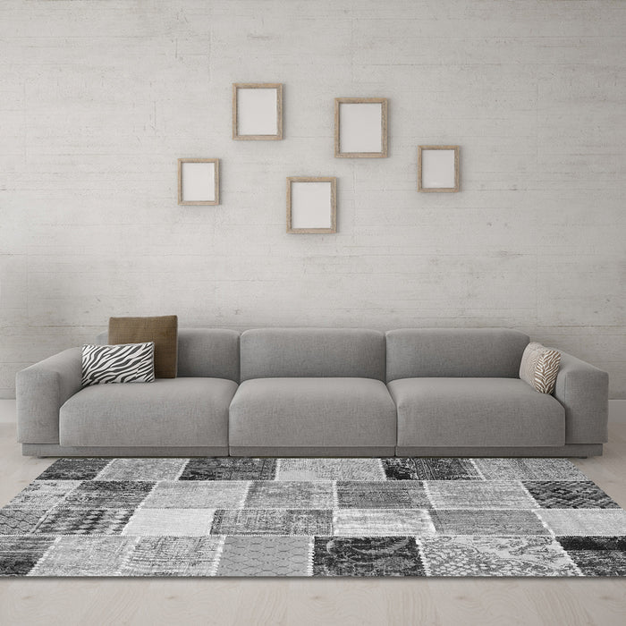 Machine Washable Patchwork Gray Transitional Rug in a Living Room,, wshcon1394gry