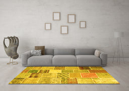 Machine Washable Patchwork Yellow Transitional Rug in a Living Room, wshcon1395yw