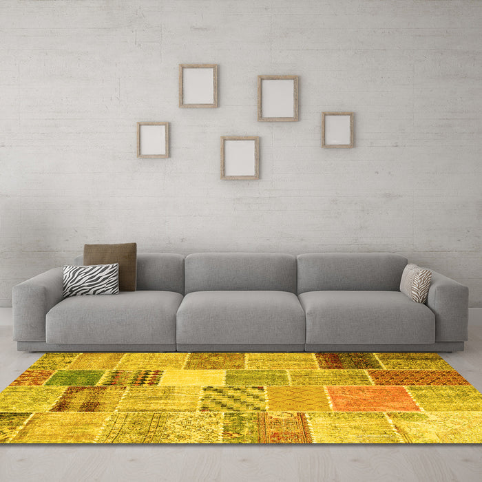 Machine Washable Patchwork Yellow Transitional Rug in a Living Room, wshcon1395yw