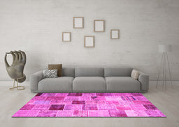 Machine Washable Patchwork Pink Transitional Rug in a Living Room, wshcon1396pnk
