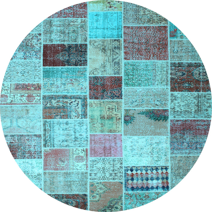 Round Machine Washable Patchwork Light Blue Transitional Rug, wshcon1396lblu