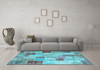 Machine Washable Patchwork Light Blue Transitional Rug, wshcon1397lblu