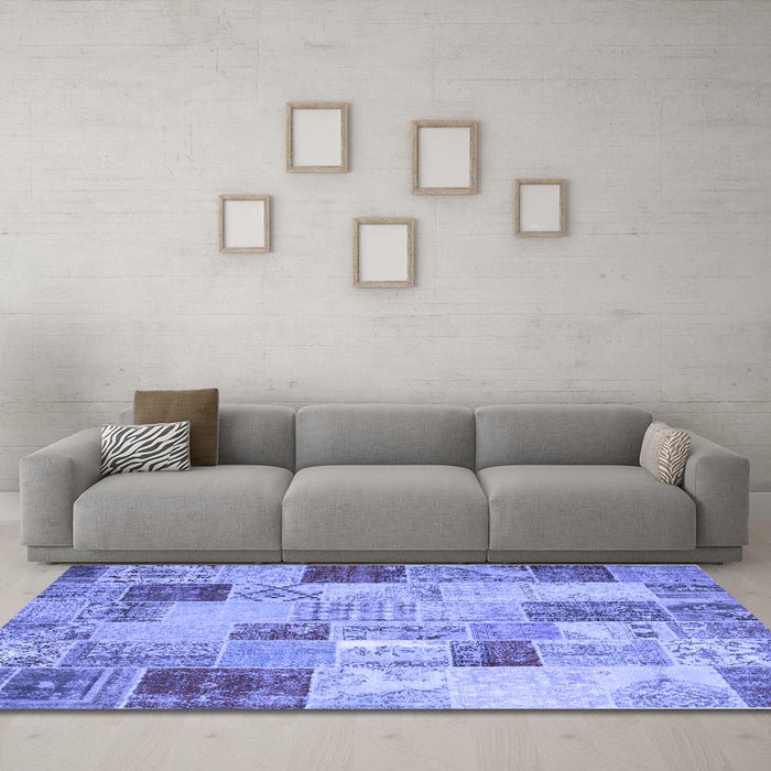 Machine Washable Patchwork Blue Transitional Rug in a Living Room, wshcon1397blu
