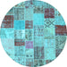 Round Machine Washable Patchwork Light Blue Transitional Rug, wshcon1397lblu