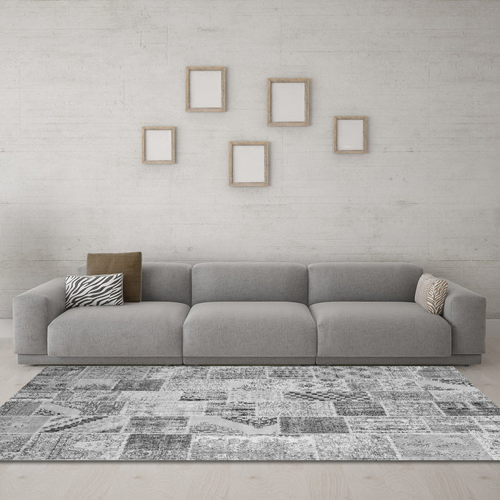 Machine Washable Patchwork Gray Transitional Rug in a Living Room,, wshcon1398gry