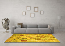 Machine Washable Patchwork Yellow Transitional Rug in a Living Room, wshcon1398yw