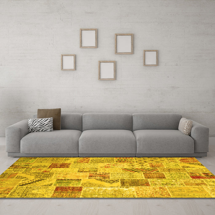 Machine Washable Patchwork Yellow Transitional Rug in a Living Room, wshcon1398yw