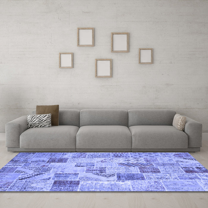 Machine Washable Patchwork Blue Transitional Rug in a Living Room, wshcon1398blu