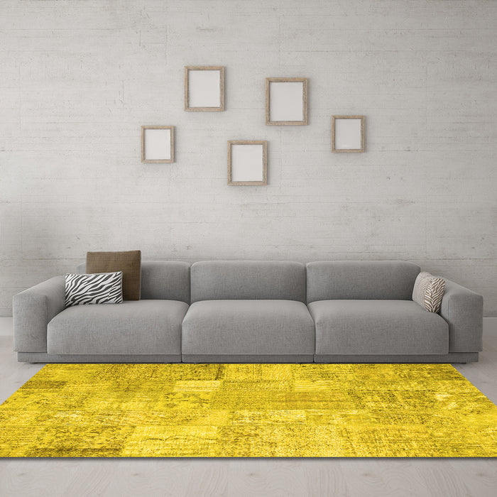 Machine Washable Patchwork Yellow Transitional Rug in a Living Room, wshcon1399yw