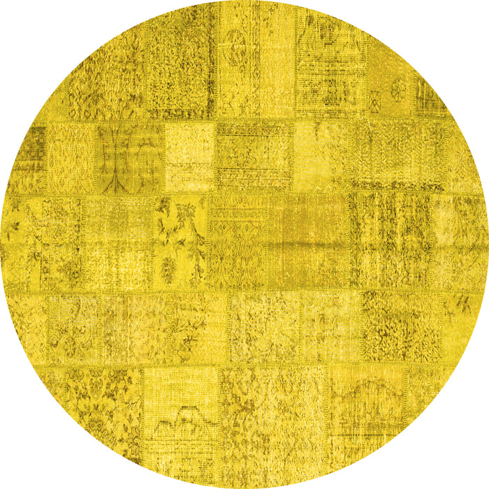 Round Machine Washable Patchwork Yellow Transitional Rug, wshcon1399yw