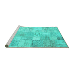 Sideview of Machine Washable Patchwork Turquoise Transitional Area Rugs, wshcon1399turq