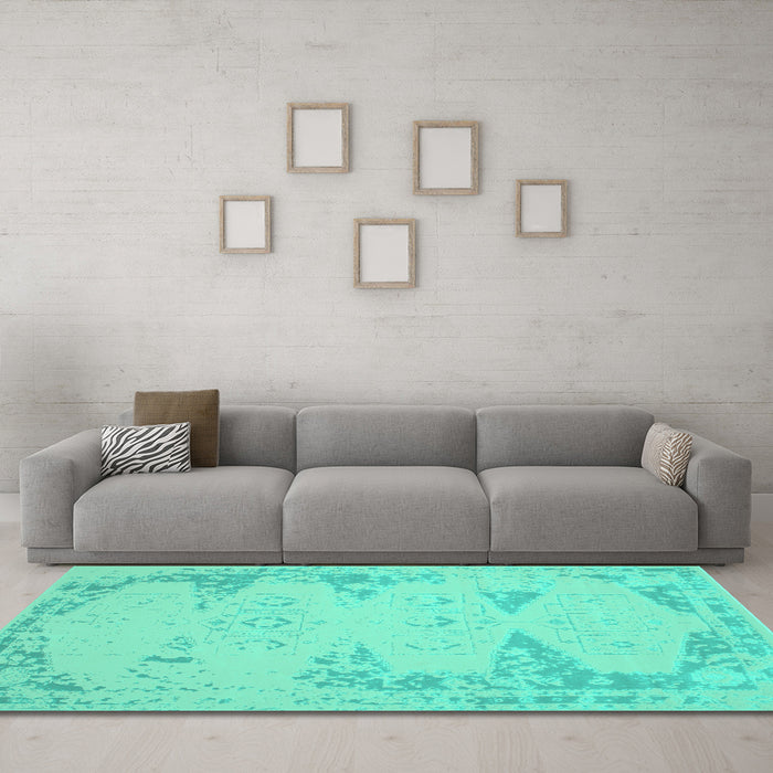 Machine Washable Abstract Turquoise Contemporary Area Rugs in a Living Room,, wshcon139turq