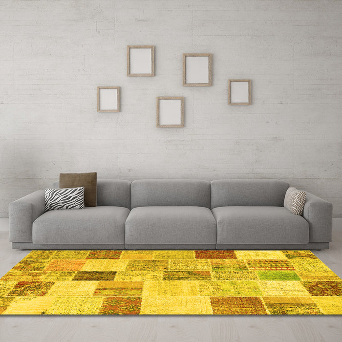 Machine Washable Patchwork Yellow Transitional Rug in a Living Room, wshcon1409yw