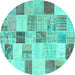 Round Machine Washable Patchwork Turquoise Transitional Area Rugs, wshcon1409turq