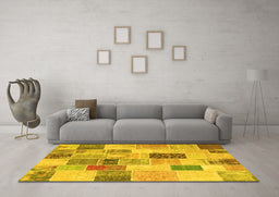 Machine Washable Patchwork Yellow Transitional Rug in a Living Room, wshcon1410yw