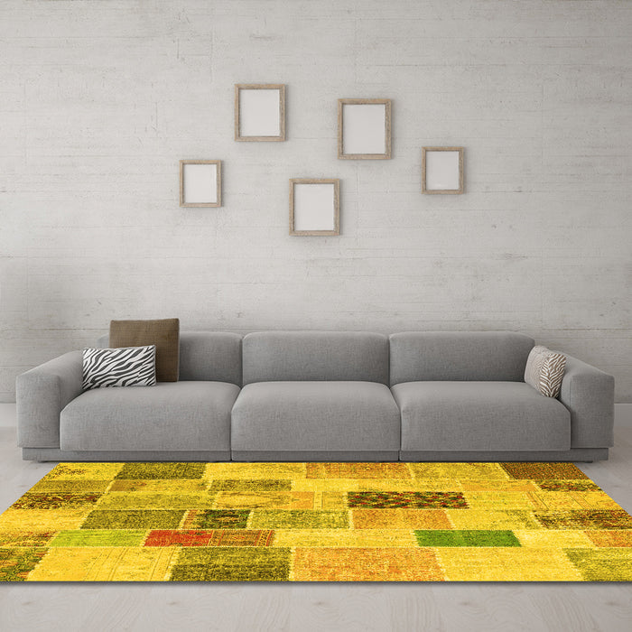 Machine Washable Patchwork Yellow Transitional Rug in a Living Room, wshcon1410yw