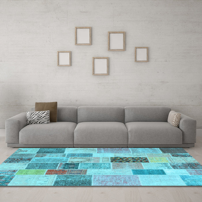 Machine Washable Patchwork Light Blue Transitional Rug in a Living Room, wshcon1410lblu