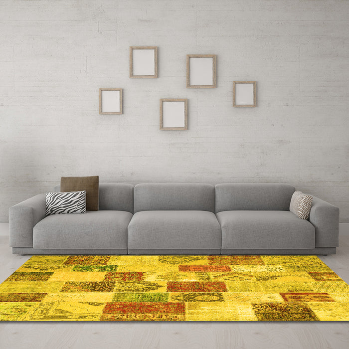 Machine Washable Patchwork Yellow Transitional Rug in a Living Room, wshcon1411yw