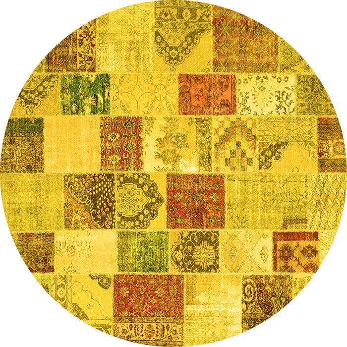 Round Machine Washable Patchwork Yellow Transitional Rug, wshcon1411yw