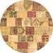 Round Machine Washable Patchwork Brown Transitional Rug, wshcon1411brn