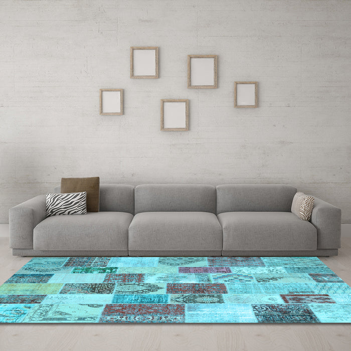 Machine Washable Patchwork Light Blue Transitional Rug in a Living Room, wshcon1411lblu