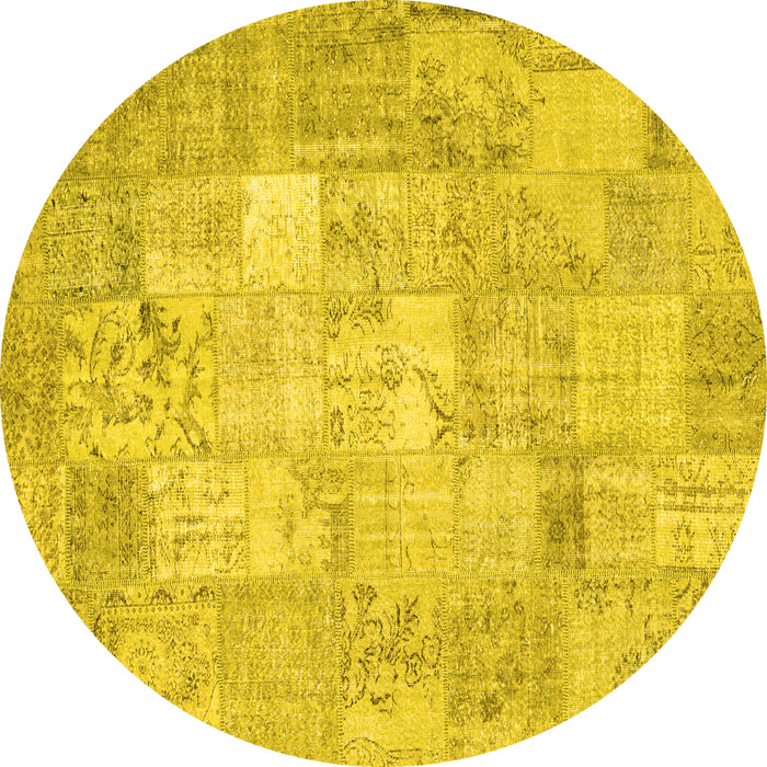 Round Machine Washable Patchwork Yellow Transitional Rug, wshcon1413yw