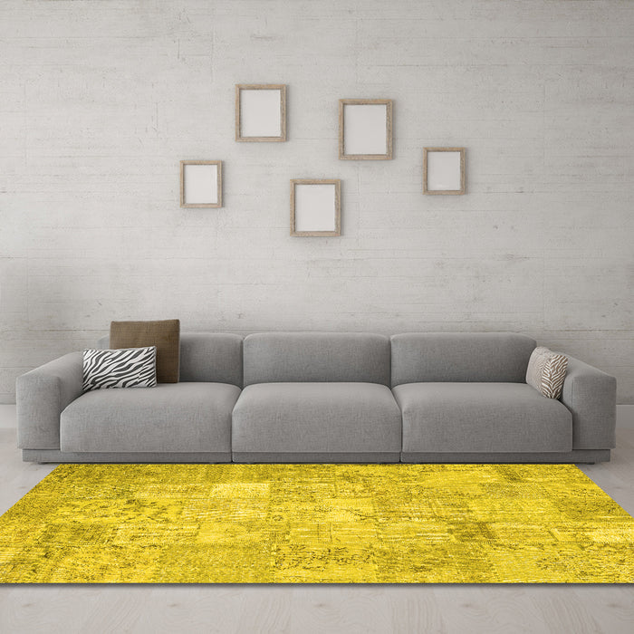 Machine Washable Patchwork Yellow Transitional Rug in a Living Room, wshcon1413yw