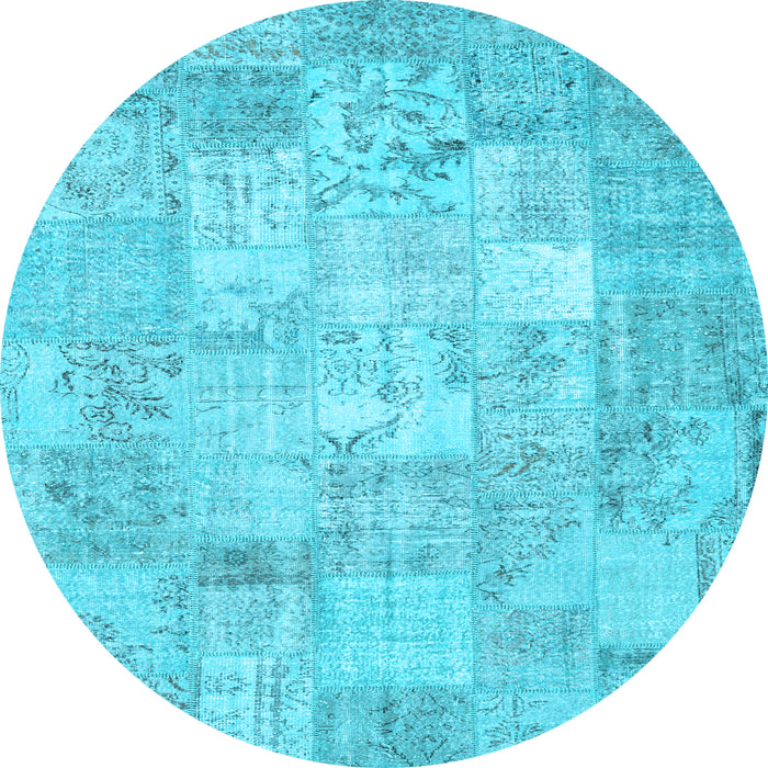 Round Machine Washable Patchwork Light Blue Transitional Rug, wshcon1413lblu
