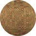 Round Machine Washable Southwestern Brown Country Rug, wshcon1414brn