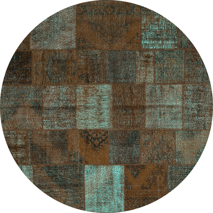 Round Machine Washable Patchwork Turquoise Transitional Area Rugs, wshcon1416turq