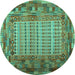 Round Machine Washable Patchwork Turquoise Transitional Area Rugs, wshcon1420turq