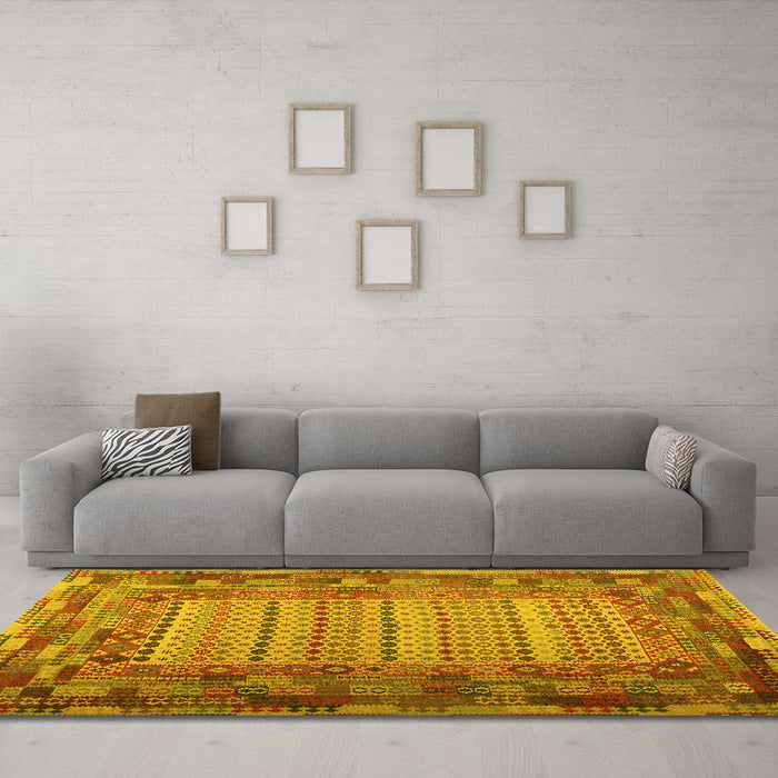 Machine Washable Patchwork Yellow Transitional Rug in a Living Room, wshcon1420yw