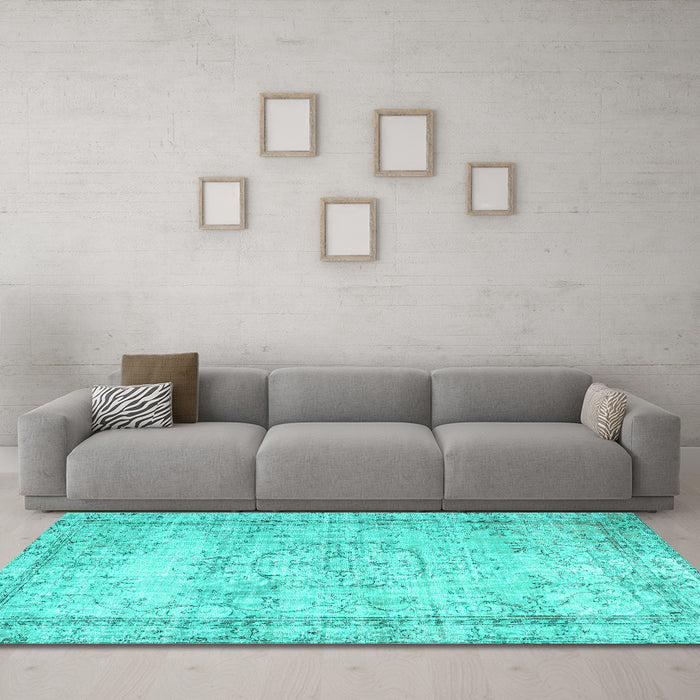 Machine Washable Abstract Turquoise Contemporary Area Rugs in a Living Room,, wshcon1422turq