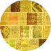 Round Machine Washable Patchwork Yellow Transitional Rug, wshcon1424yw