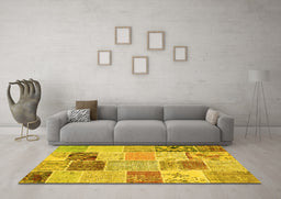 Machine Washable Patchwork Yellow Transitional Rug in a Living Room, wshcon1425yw