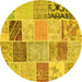 Round Machine Washable Patchwork Yellow Transitional Rug, wshcon1425yw