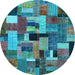 Round Machine Washable Patchwork Light Blue Transitional Rug, wshcon1426lblu