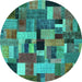 Round Machine Washable Patchwork Turquoise Transitional Area Rugs, wshcon1426turq