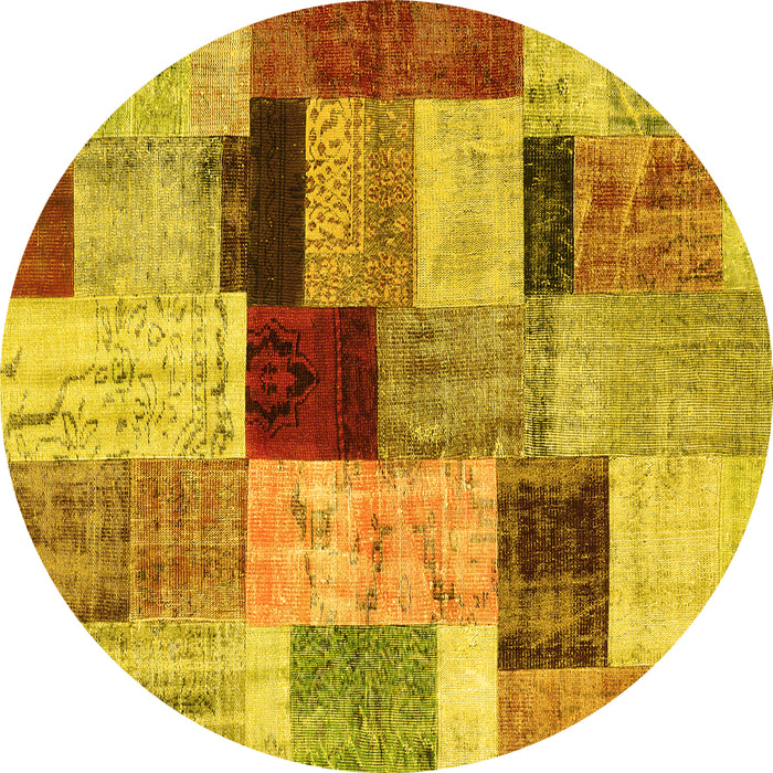 Round Machine Washable Patchwork Yellow Transitional Rug, wshcon1427yw