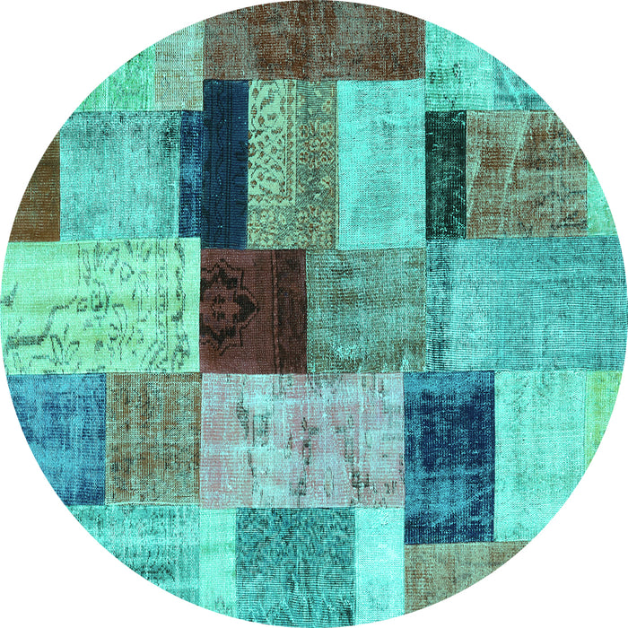 Round Machine Washable Patchwork Turquoise Transitional Area Rugs, wshcon1427turq
