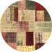 Round Machine Washable Patchwork Brown Transitional Rug, wshcon1428brn