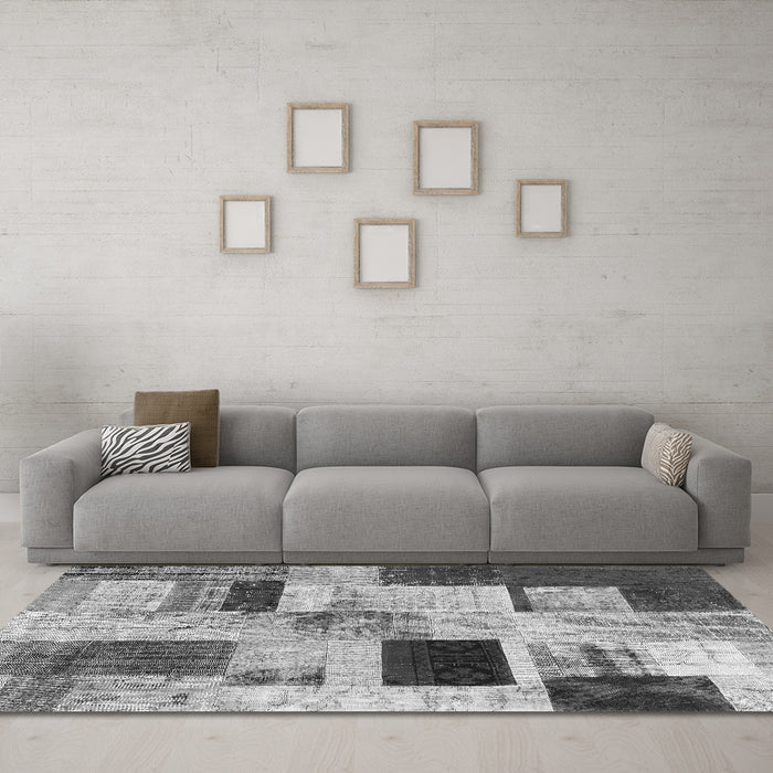 Machine Washable Patchwork Gray Transitional Rug in a Living Room,, wshcon1428gry
